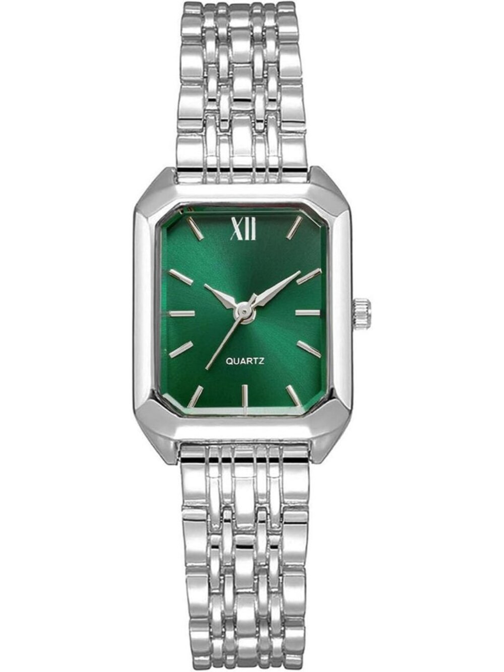 Women's Silver-Green Steel Strap Casual Fashion Simple Square Quartz Wrist Watch